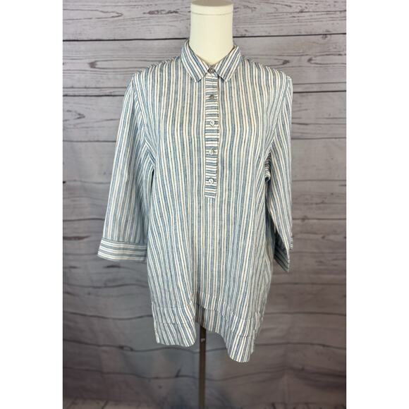 J. Jill Tops - J. Jill Shirt Womens Medium Blue White Stripe Love Linen Popover Tunic Coastal